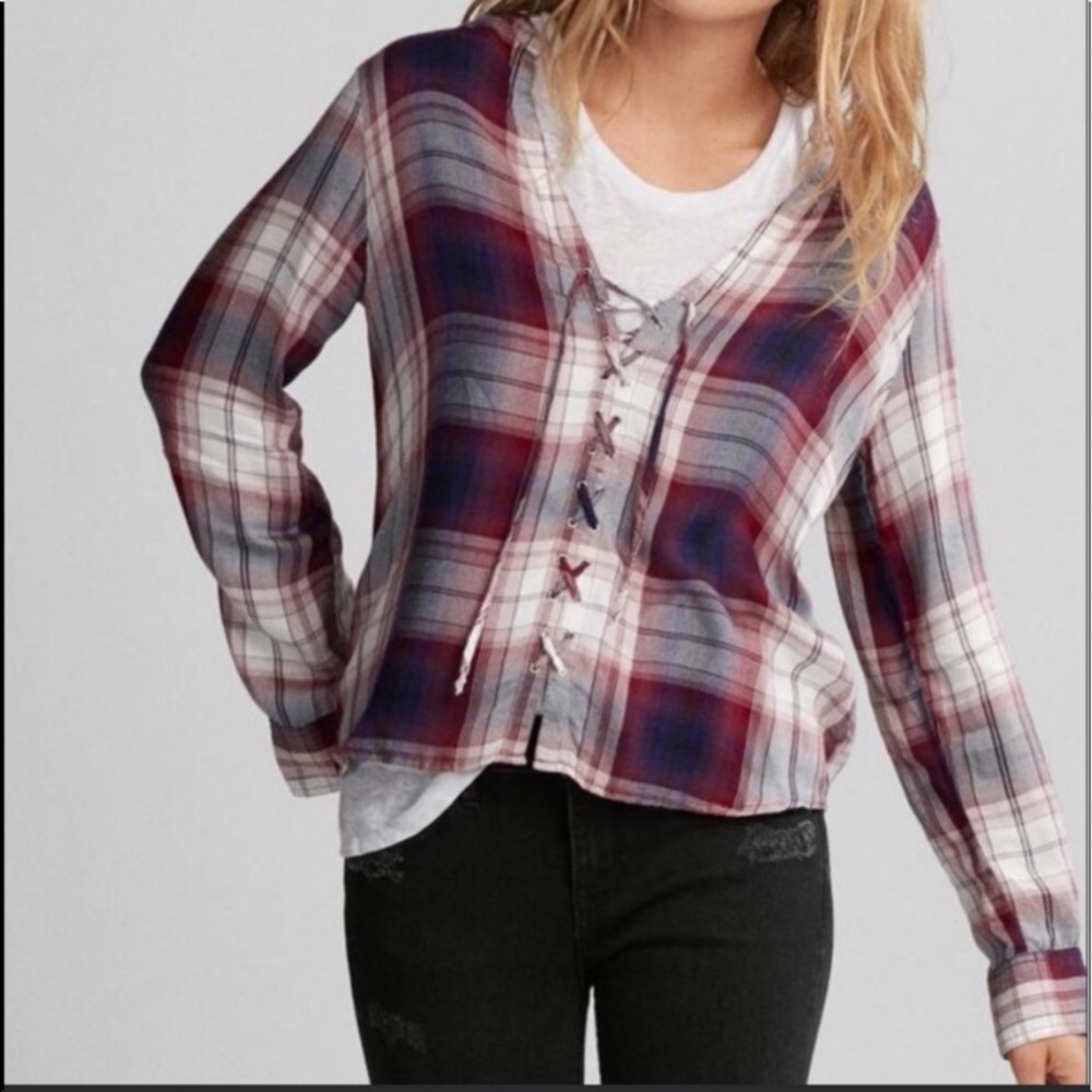 Express red white blue Plaid Full Lace-Up Shirt